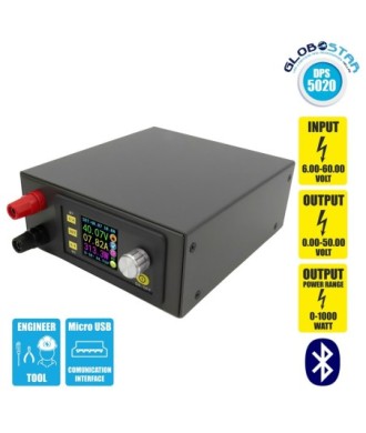 GloboStar® 79984 DPS5020-USB-BT Ψηφιακό Δοκιμαστικό Εργαλείο Ηλεκτρονικού-Τεχνικού Τμήματος Ρυθμιζόμενης Τάσης & Ampere - Βολτόμετρο-Αμπερόμετρο-Βατόμετρο Μετατροπέας με LCD Οθόνη Max Output 0-20A-DC 0-50V-0-1000W με Micro USB & Βluetooth APP